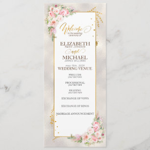 Pink Peony Floral Gold Script & Frame Wedding Programme