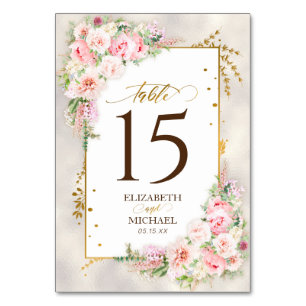 Pink Peony Floral Gold Script & Frame Wedding Table Number