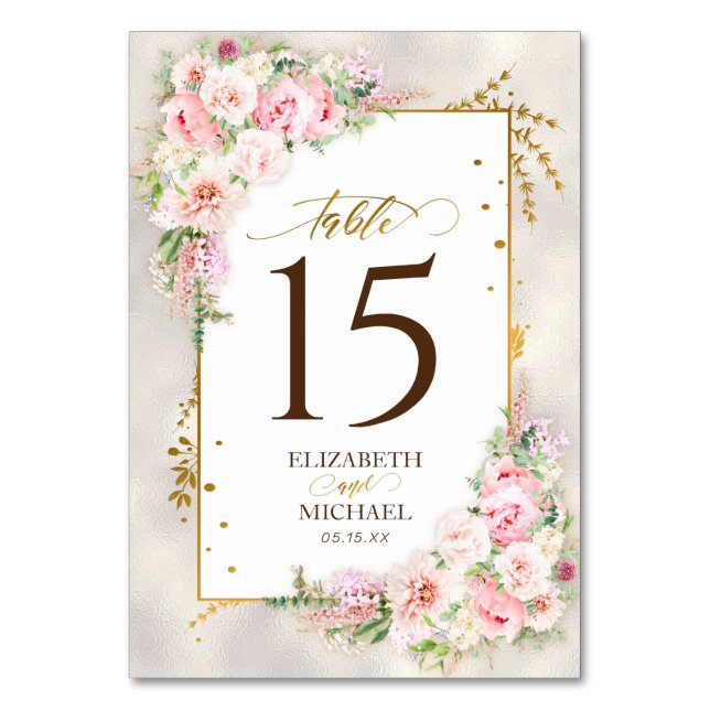 Pink Peony Floral Gold Script & Frame Wedding Table Number (Front)