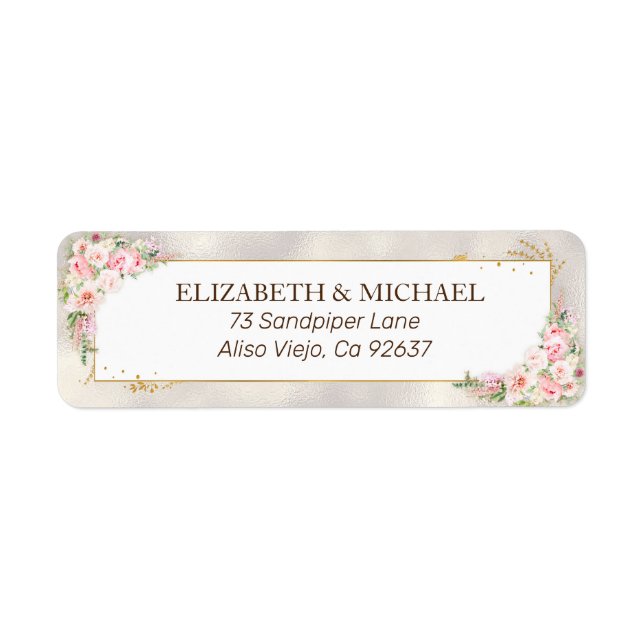 Pink Peony Floral Gold Script Return Address (Front)