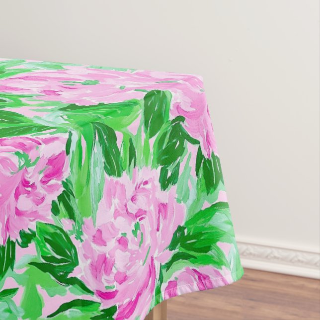 Pink Peony Floral Greenery Elegant Botanical Tablecloth (In Situ)