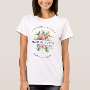 Pink Peony Floral Maid of Honour Wedding T-Shirt