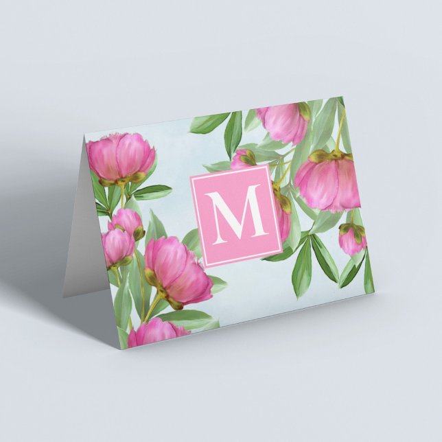 Pink Peony Floral Monogram Personalised Note Card (Creator Uploaded)
