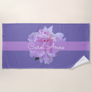 Pink Peony Floral Monogram Purple Beach Towel
