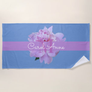 Pink Peony Floral  Monogram Purple Blue  Beach Towel