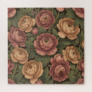 Pink Peony Floral Pattern Dark Background Gold Jigsaw Puzzle