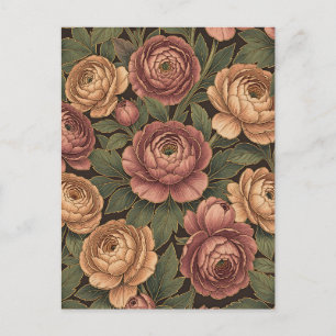 Pink Peony Floral Pattern Dark Background Gold Postcard