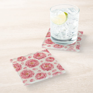 Pink Peony Floral Pattern Glass Coaster