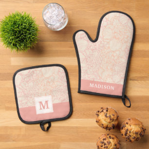 Pink Peony Floral Pattern Oven Mitt & Pot Holder Set