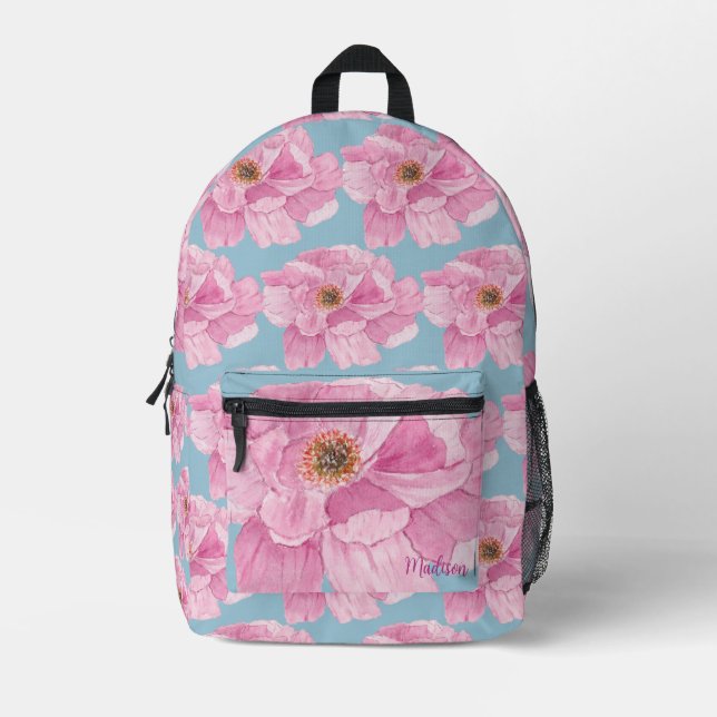 Pink Peony Floral Pattern  Printed Backpack (Front)