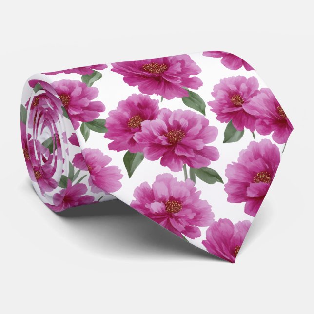 Pink Peony Floral Pattern Tie (Rolled)