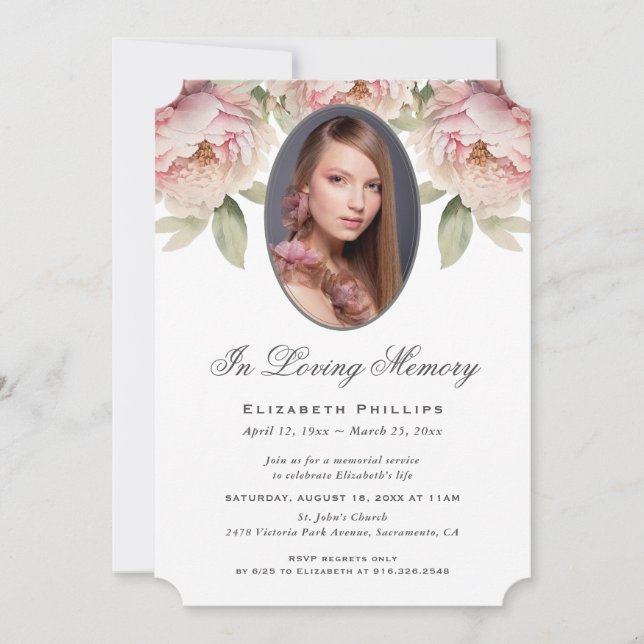 Pink Peony Floral Photo In Loving Memory Invitation (Front)