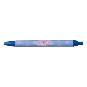 Pink Peony Floral Purple Monogram Black Ink Pen