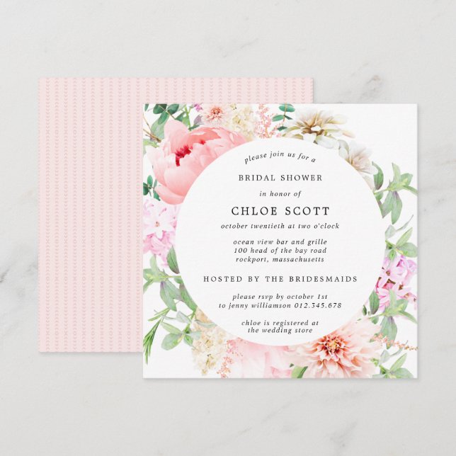 Pink Peony Floral Square Bridal Shower Invitation (Front/Back)