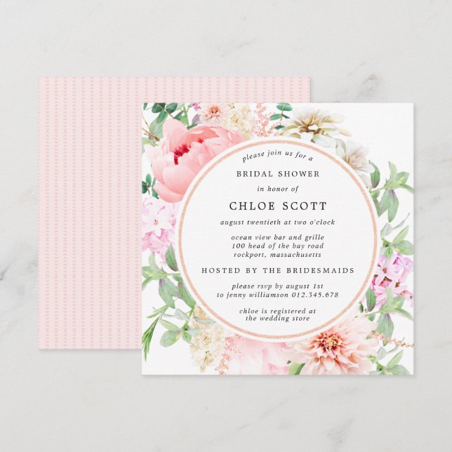 Pink Peony Floral Square Bridal Shower Invitation (Front/Back)