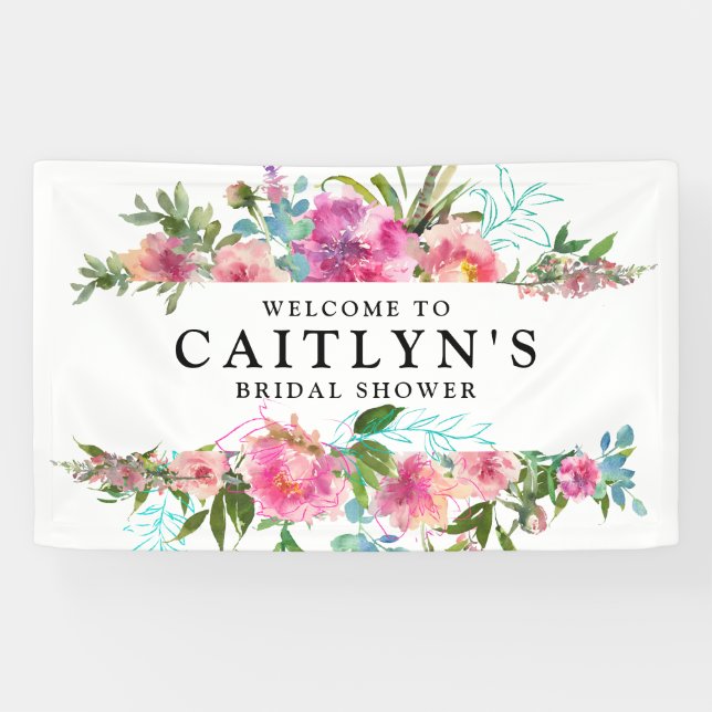 Pink Peony Floral Watercolor Bridal Shower Welcome Banner (Horizontal)