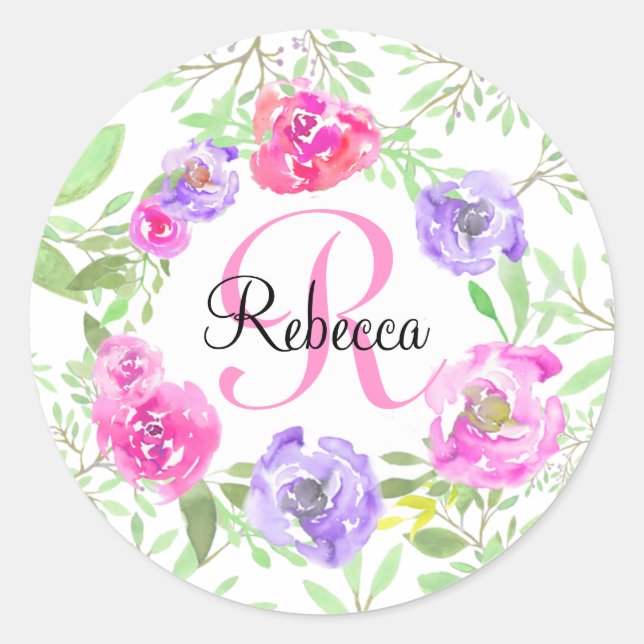 Pink Peony Floral Watercolor Monogram Classic Round Sticker (Front)