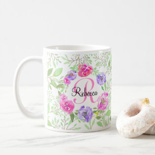 Pink Peony Floral Watercolor Monogram Coffee Mug
