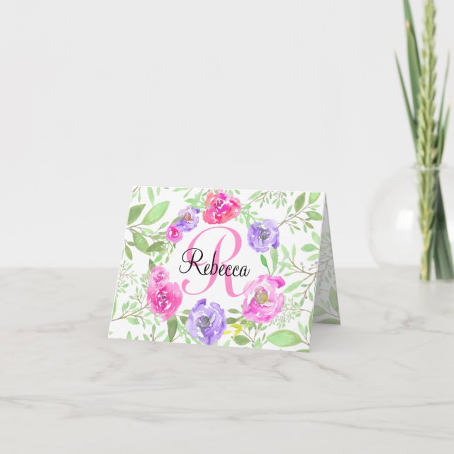 Pink Peony Floral Watercolor Monogram Note Card (Front)