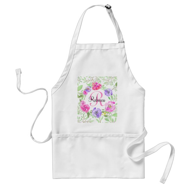 Pink Peony Floral Watercolor Monogram Standard Apron (Front)
