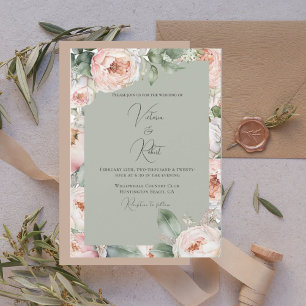 Pink Peony Floral Watercolor Sage Modern Wedding Invitation
