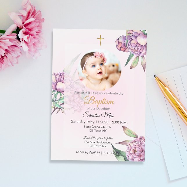 Pink Peony Floral with Photo Baptism Invitation (Pink Peony Floral with Photo Baptism Invitation)