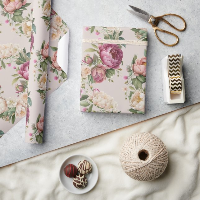 Pink Peony Floral Wreath Bridal Shower Wrapping Paper (Crafts)