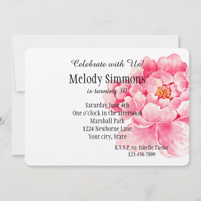 Pink Peony Flower Birthday Invitation (Back)
