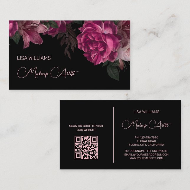 Pink Peony Flower Black Business Card (Front/Back)