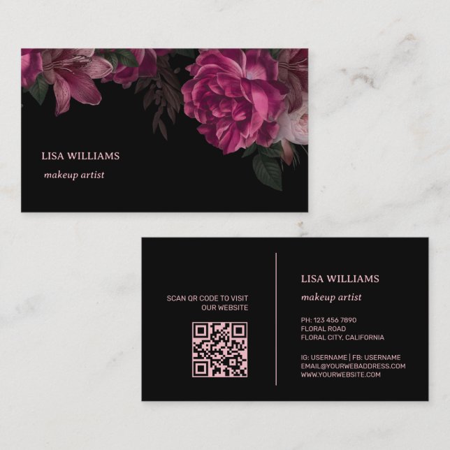 Pink Peony Flower Black Business Card (Front/Back)