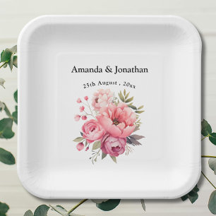 Pink Peony Flower Bouquet Monogram Wedding Paper Plate