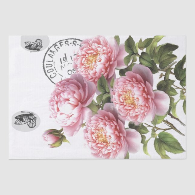 Pink Peony Flower Butterfly French Postmark Craft Tissue Paper (Front)