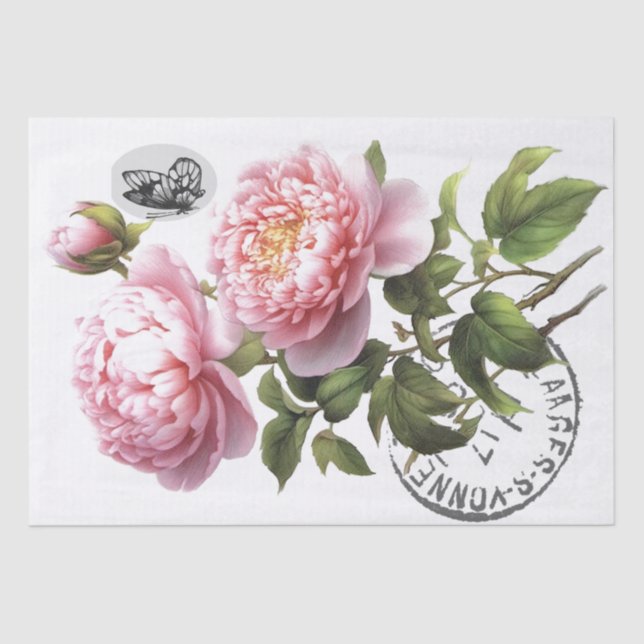 Pink Peony Flower Butterfly French Postmark Craft  Tissue Paper (Front)