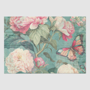 Pink Peony Flower Butterfly Teal Decoupage Craft   Tissue Paper