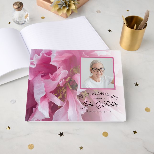 Pink Peony Flower Celebration of Life Funeral Guest Book (Front Open)