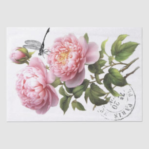 Pink Peony Flower Dragonfly French Postmark Craft  Tissue Paper