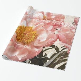Pink Peony Flower Marble Script Background Wrapping Paper