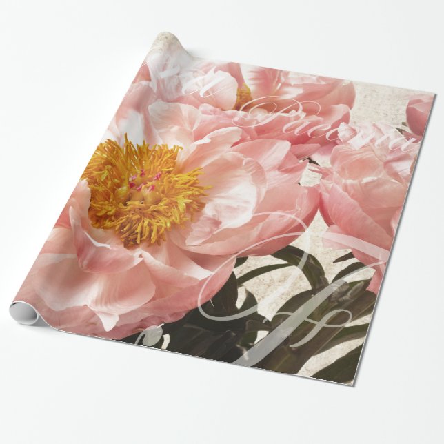 Pink Peony Flower Marble Script Background Wrapping Paper (Unrolled)