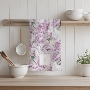 Pink Peony Flower Mongrammed Tea Towel