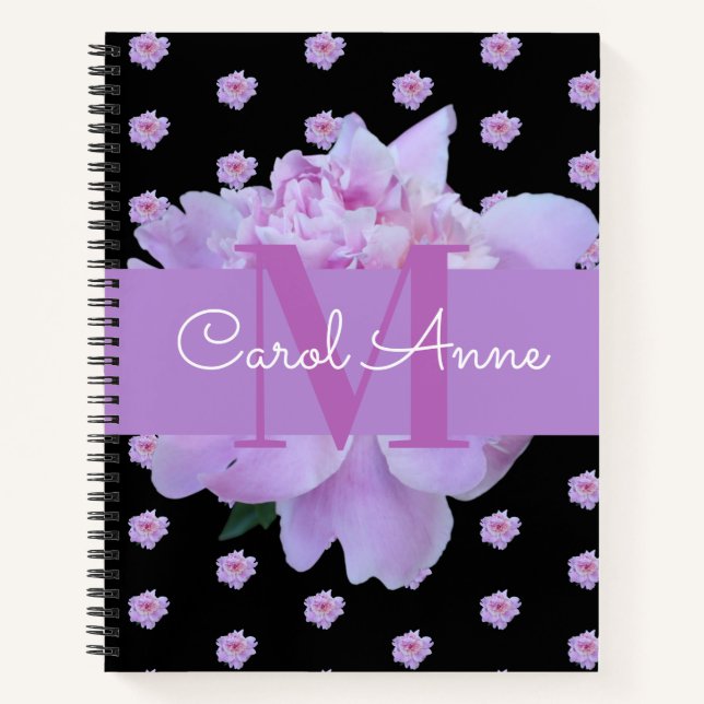 Pink Peony Flower Purple Monogram Black Notebook (Front)