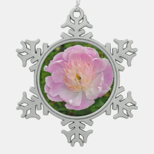 Pink peony flower snowflake pewter christmas ornament
