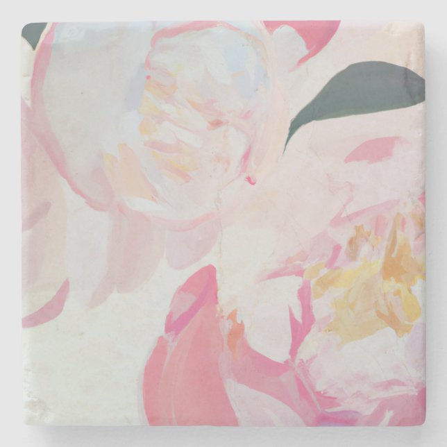 Pink peony flower stone coaster (Front)