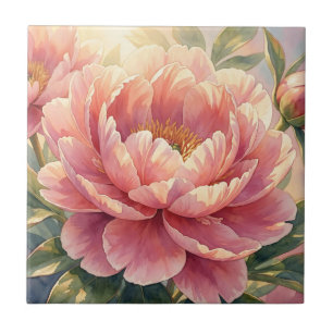 Pink Peony Flower Vintage Watercolor Botanical Tile