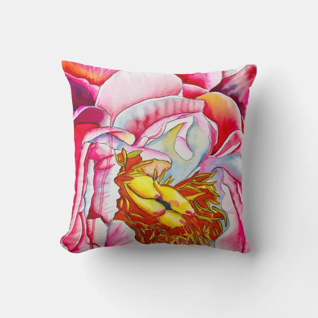 Pink peony flower watercolor cushion (Front)