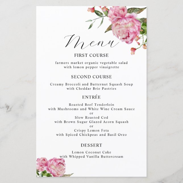 Pink Peony Flower Wedding Dinner Menu (Front)