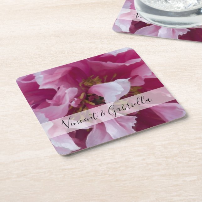 Pink Peony Flower Wedding Square Paper Coaster (Angled)