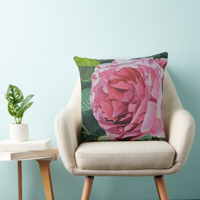Pink Peony flower with green leaves, Large Cushion (Chair)