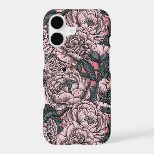 Pink peony flowers and moths