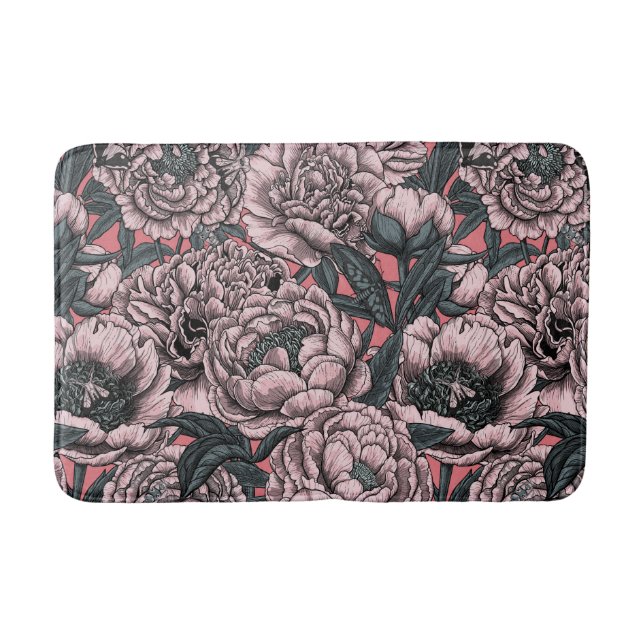 Pink peony flowers and moths bath mat (Front)