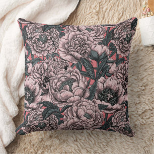 Pink peony flowers and moths cushion